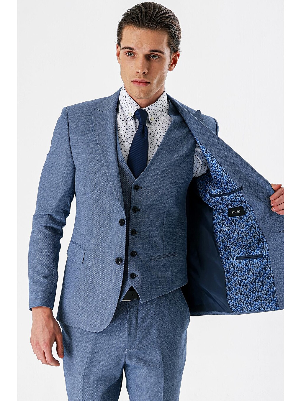 İndigo Mavi Desenli Kırlangıç Yaka Yelekli 6 Drop Slim Fit Dar Kesim Klasik Takım Elbise 1001240157-7