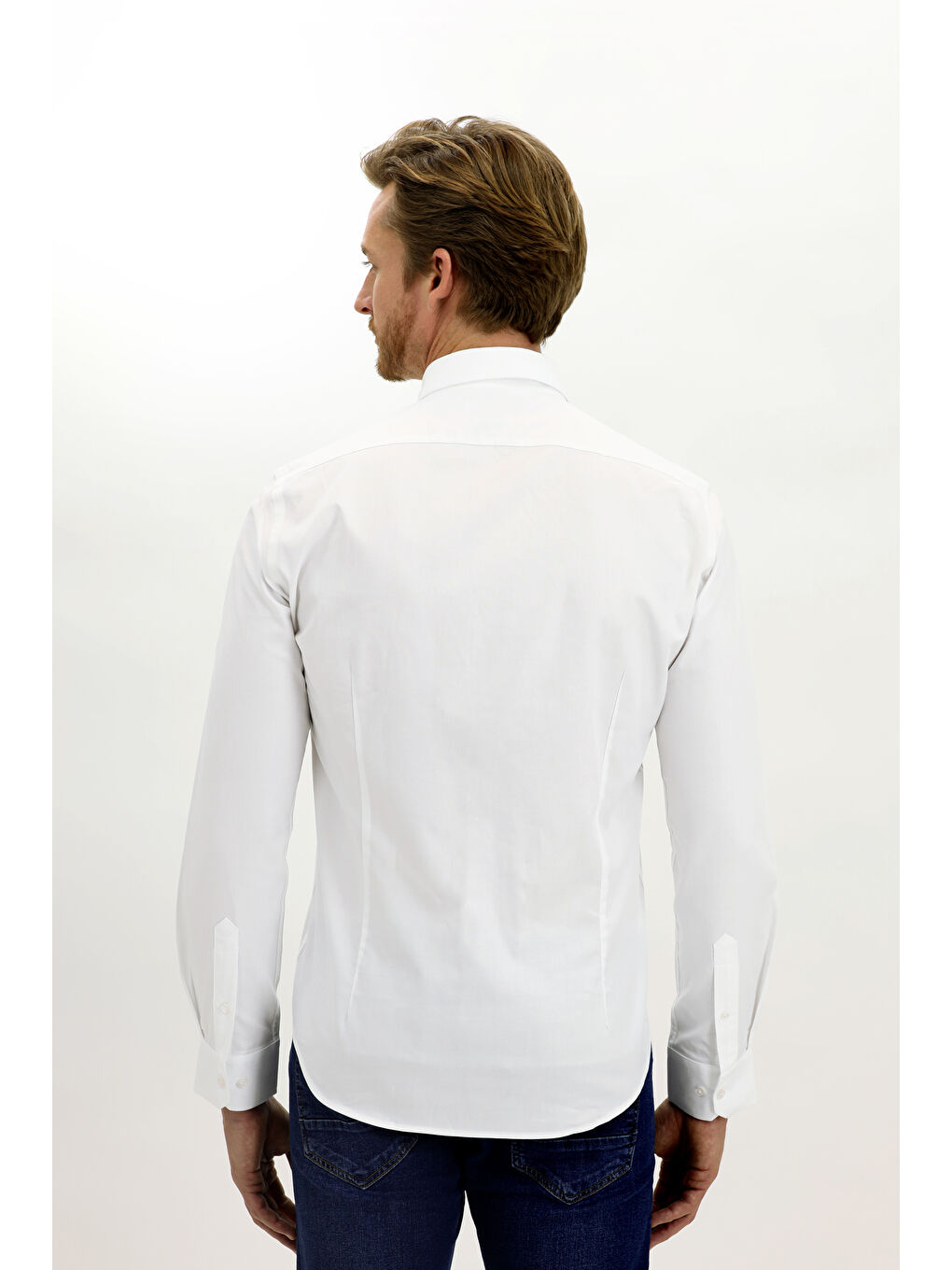 Beyaz Uzun Kol Slim Fit Dar Kesim Pamuk %100 Pamuk Gömlek-4
