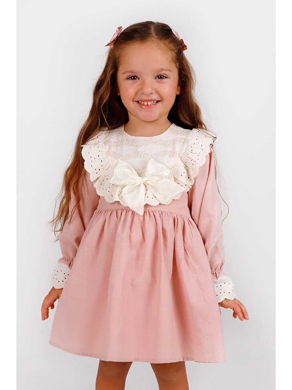 Pembe  Fisto Yakalı Keten Kız Çocuk Elbise - Trinetta