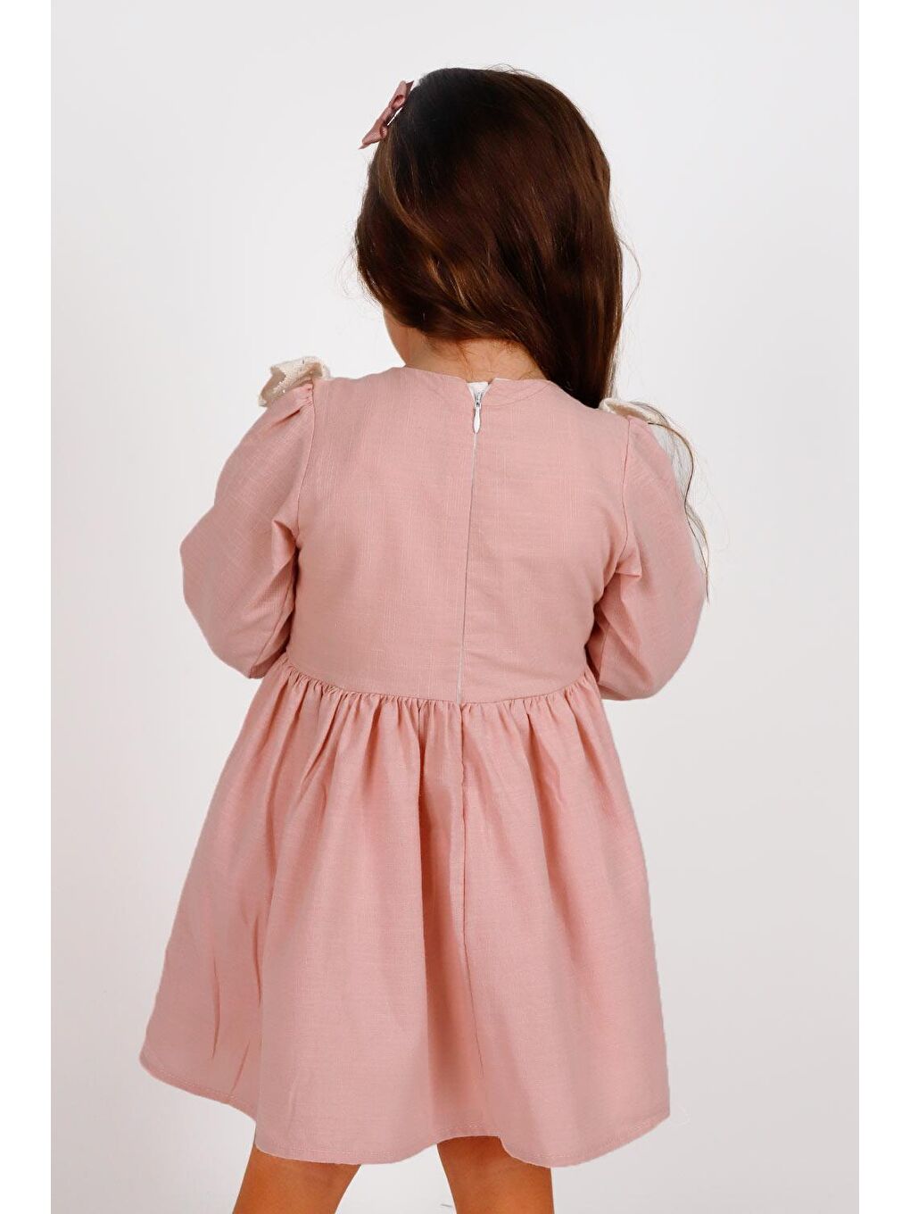 Pembe  Fisto Yakalı Keten Kız Çocuk Elbise - Trinetta-1