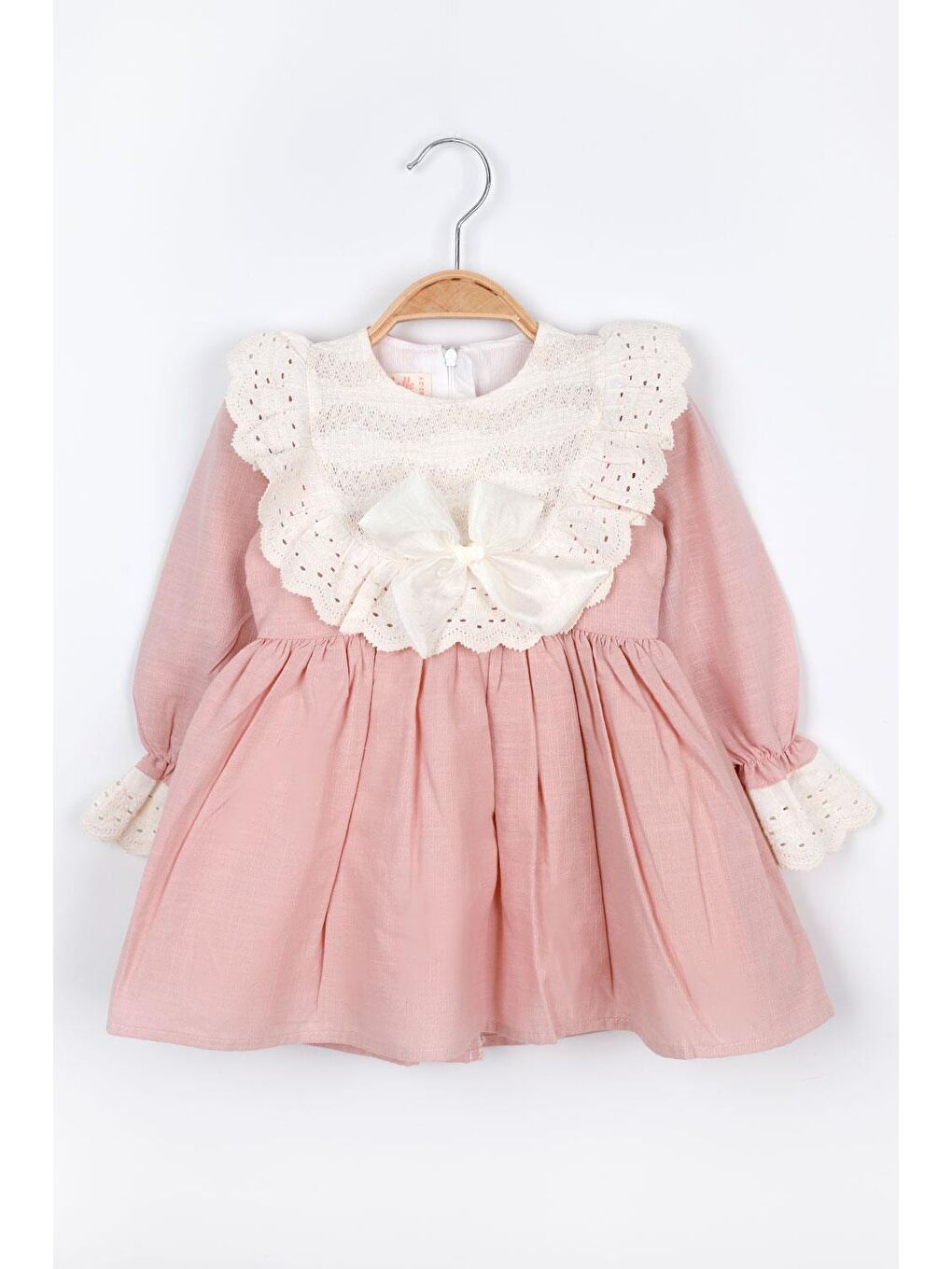 Pembe  Fisto Yakalı Keten Kız Çocuk Elbise - Trinetta-2