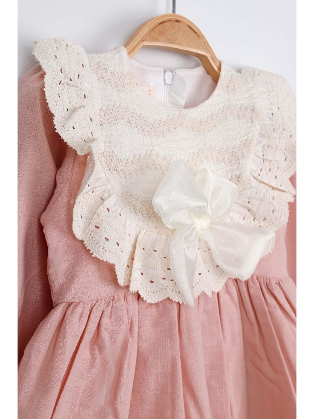 Pembe  Fisto Yakalı Keten Kız Çocuk Elbise - Trinetta-4