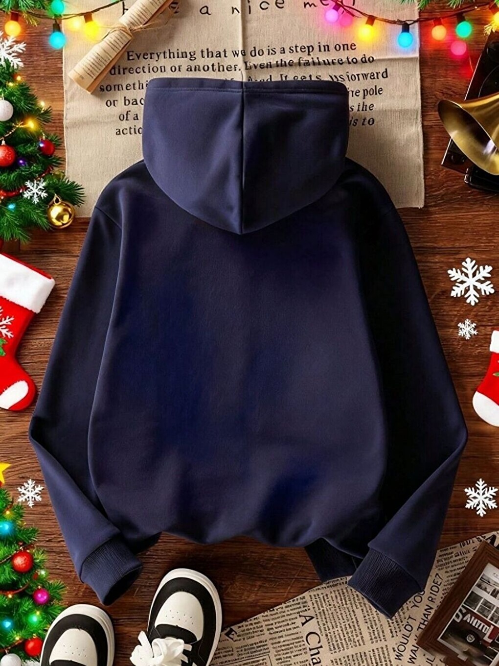 Lacivert Laci Christmas Baskılı Oversize Kapüşonlu Sweatshirt Uzun Kollu Yılbaşı Temalı Hoodie-1