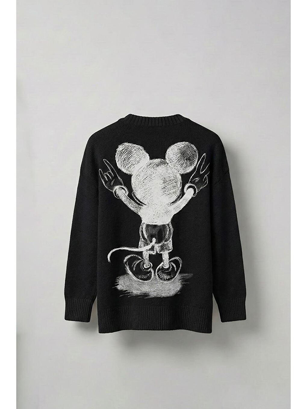 Erkek Oversize Mickey Mouse Kabartma Baskılı Kazak Siyah