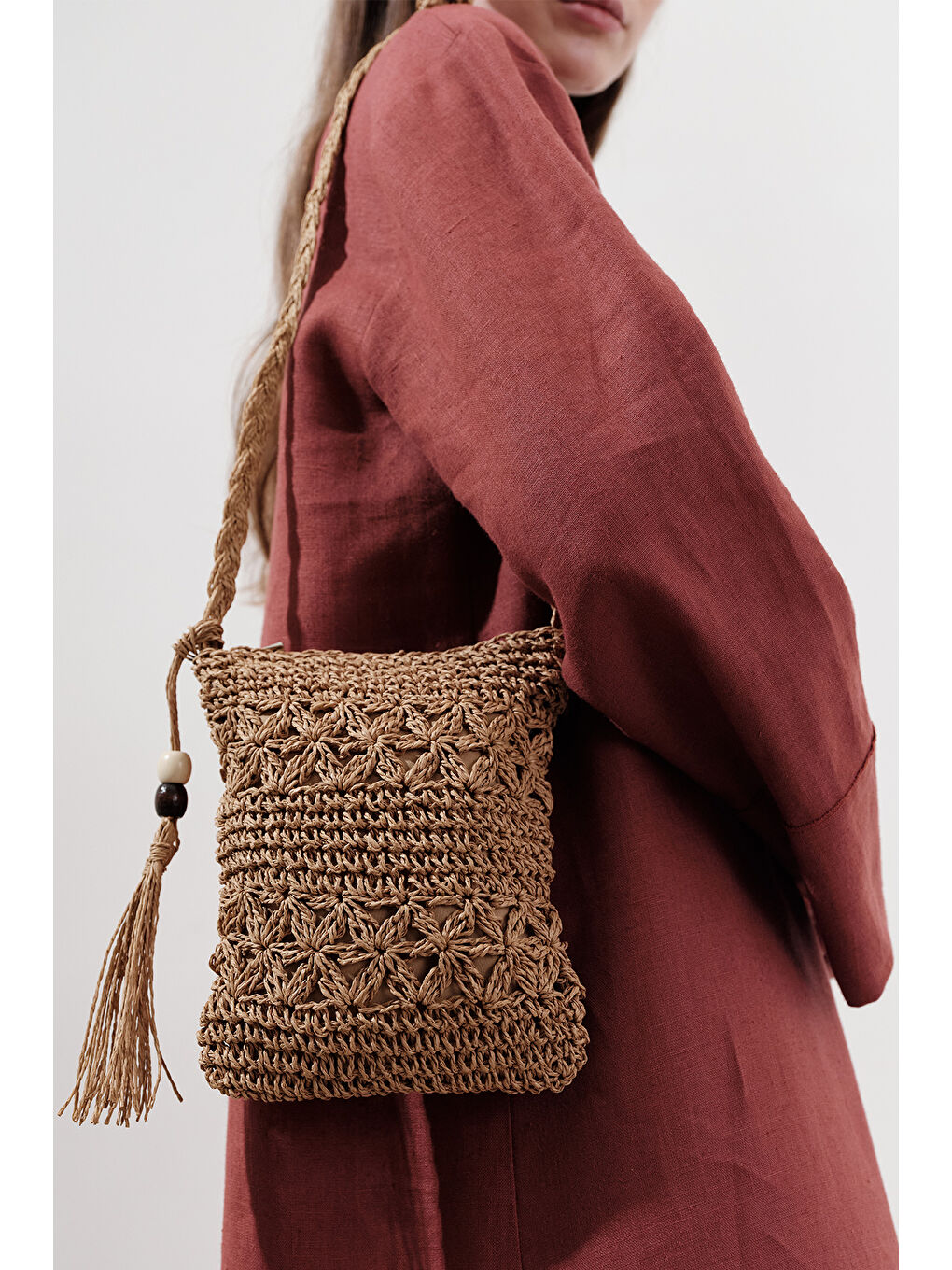 Bej Püskül Detaylı Mini Hasır Çanta Natural