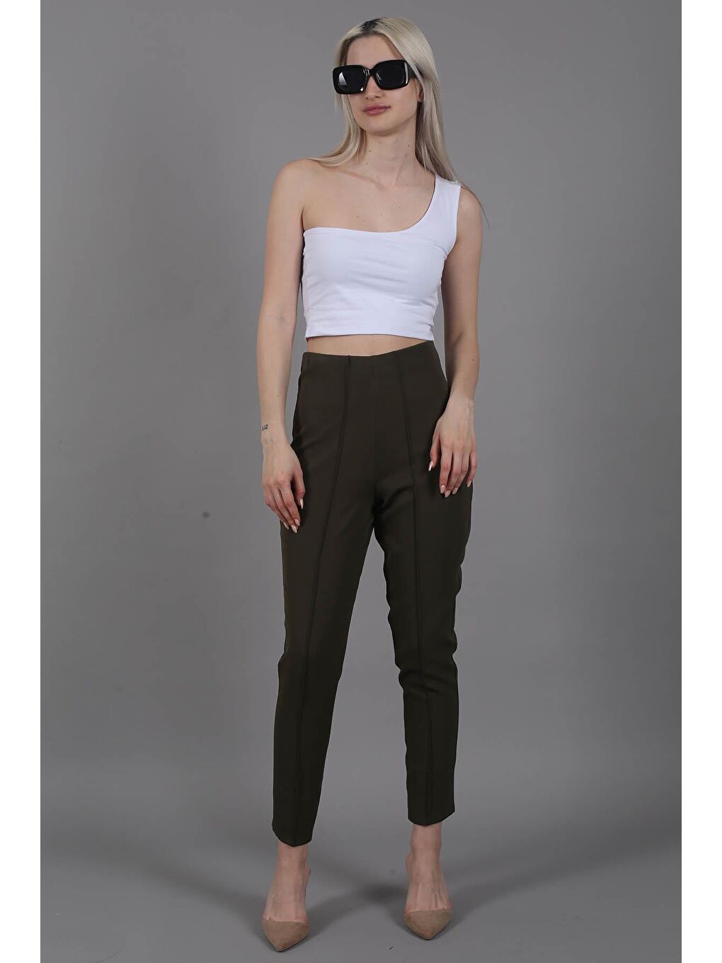 Haki Beli Lastikli Boru Paça  Kadın Pantolon MG1837