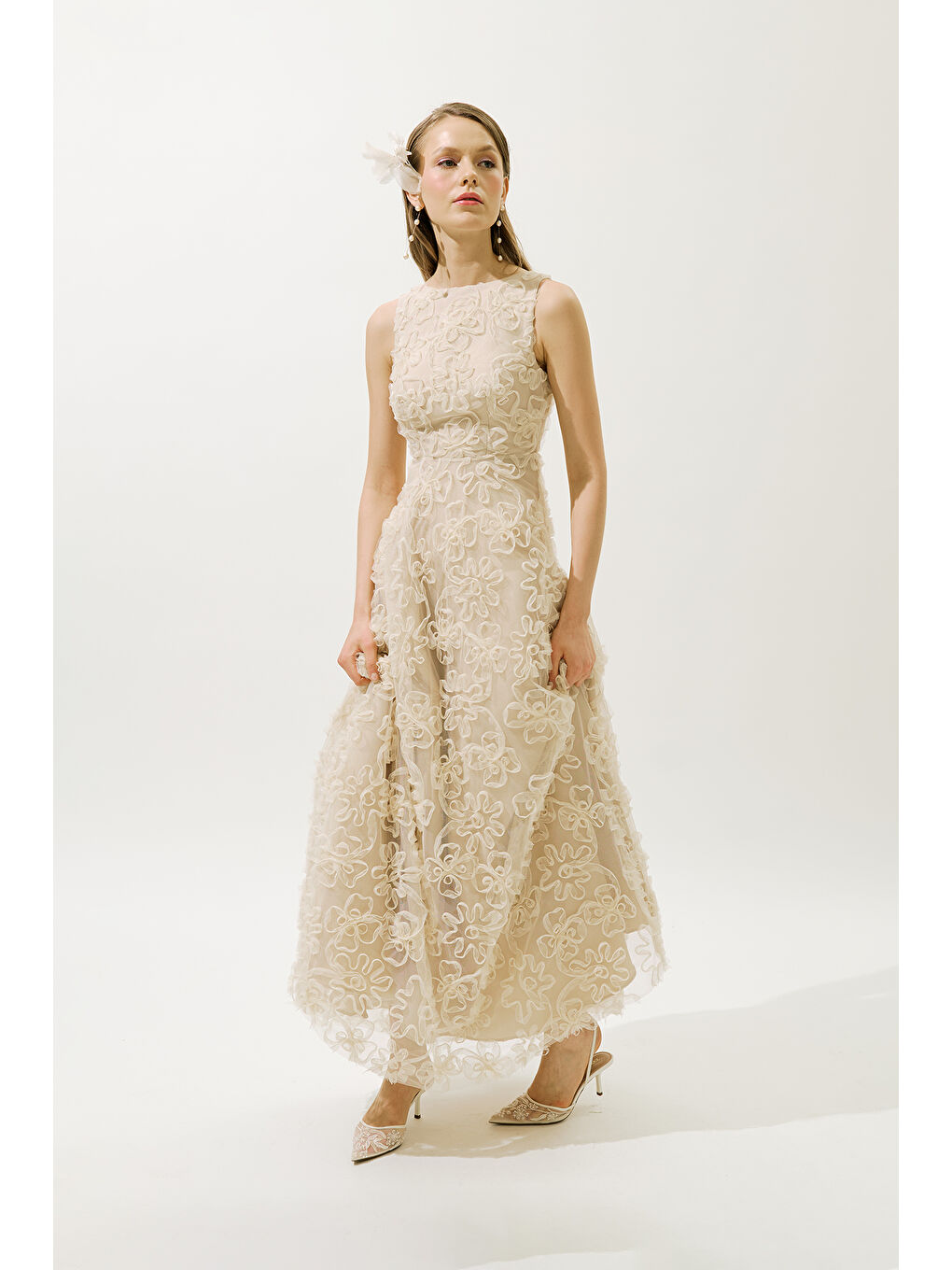 Karışık Kabarık Çiçekli Abiye Elbise İnci-2