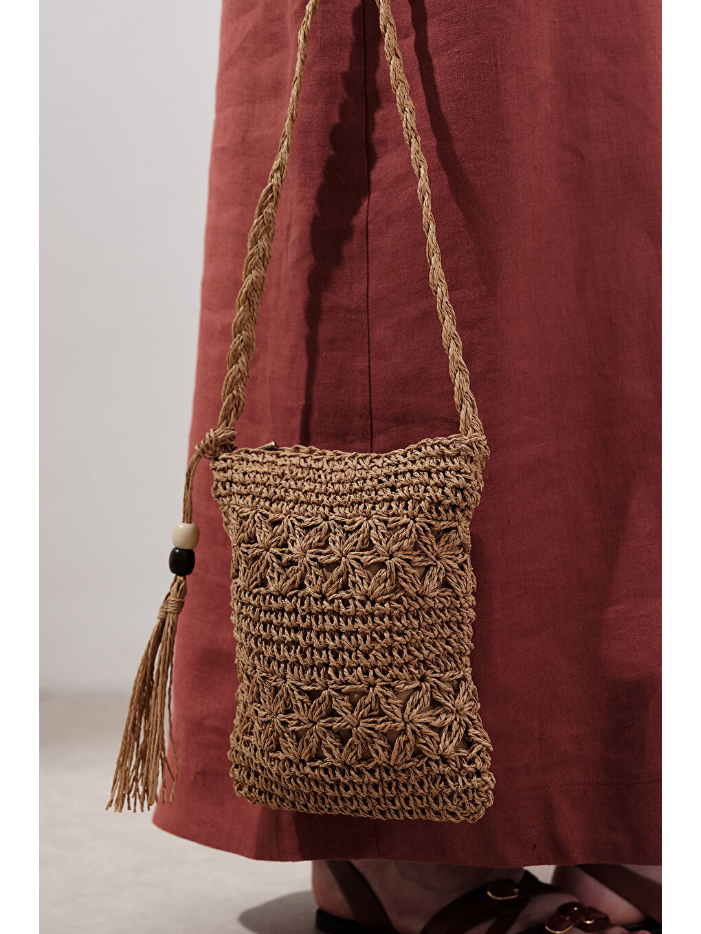 Bej Püskül Detaylı Mini Hasır Çanta Natural-1