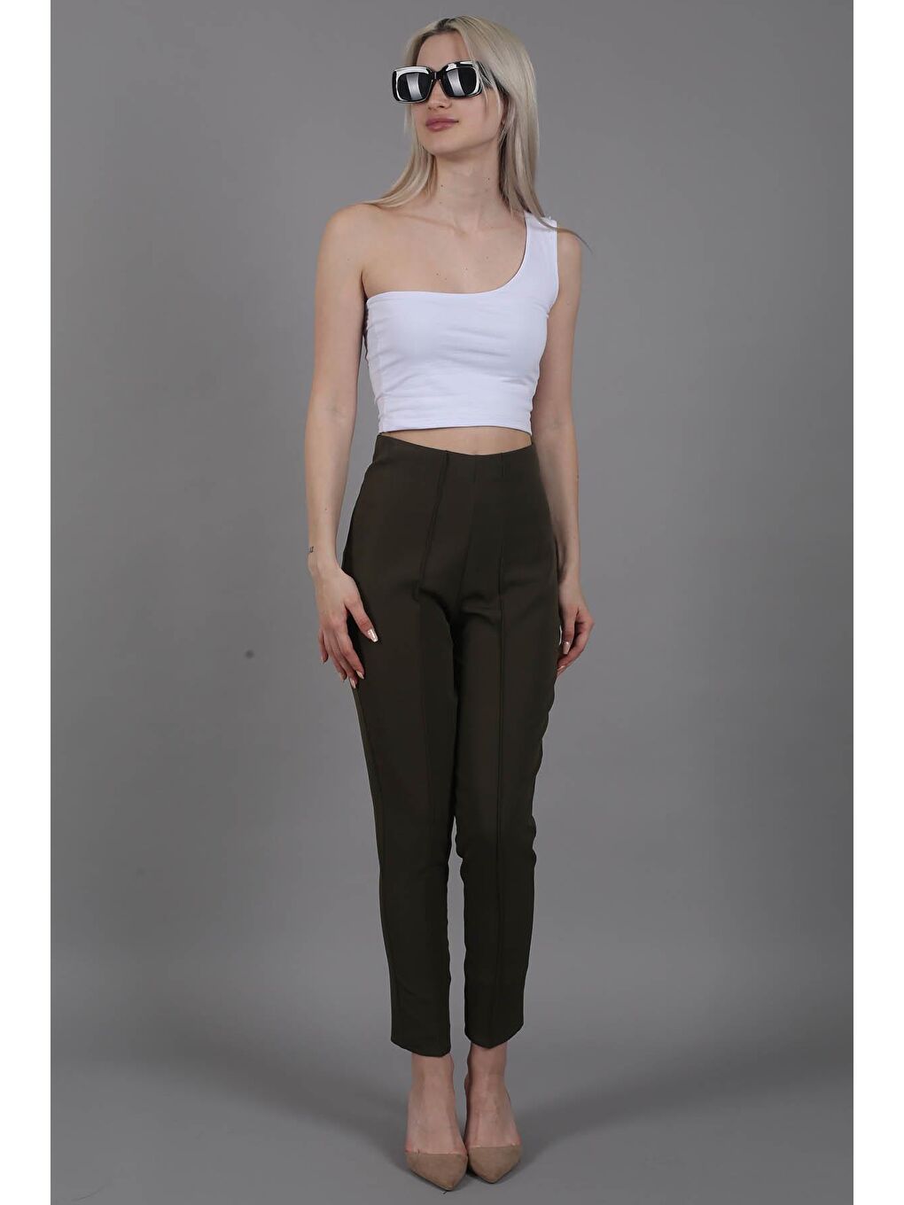 Haki Beli Lastikli Boru Paça  Kadın Pantolon MG1837-1