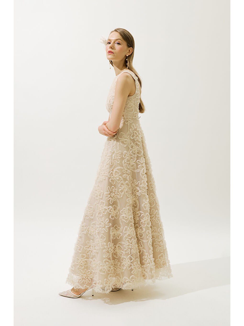 Karışık Kabarık Çiçekli Abiye Elbise İnci-3