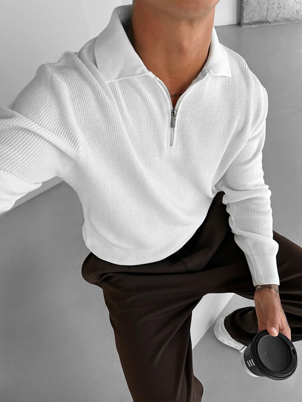 Erkek Regular Fit Yarım Fermuarlı Triko Kazak Ekru