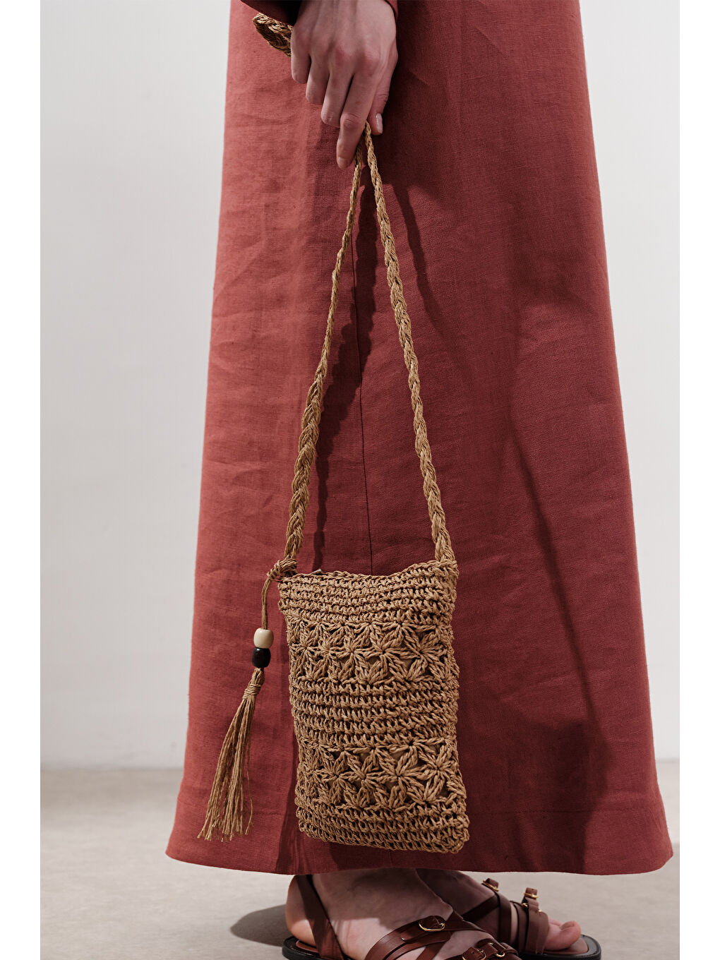 Bej Püskül Detaylı Mini Hasır Çanta Natural-2