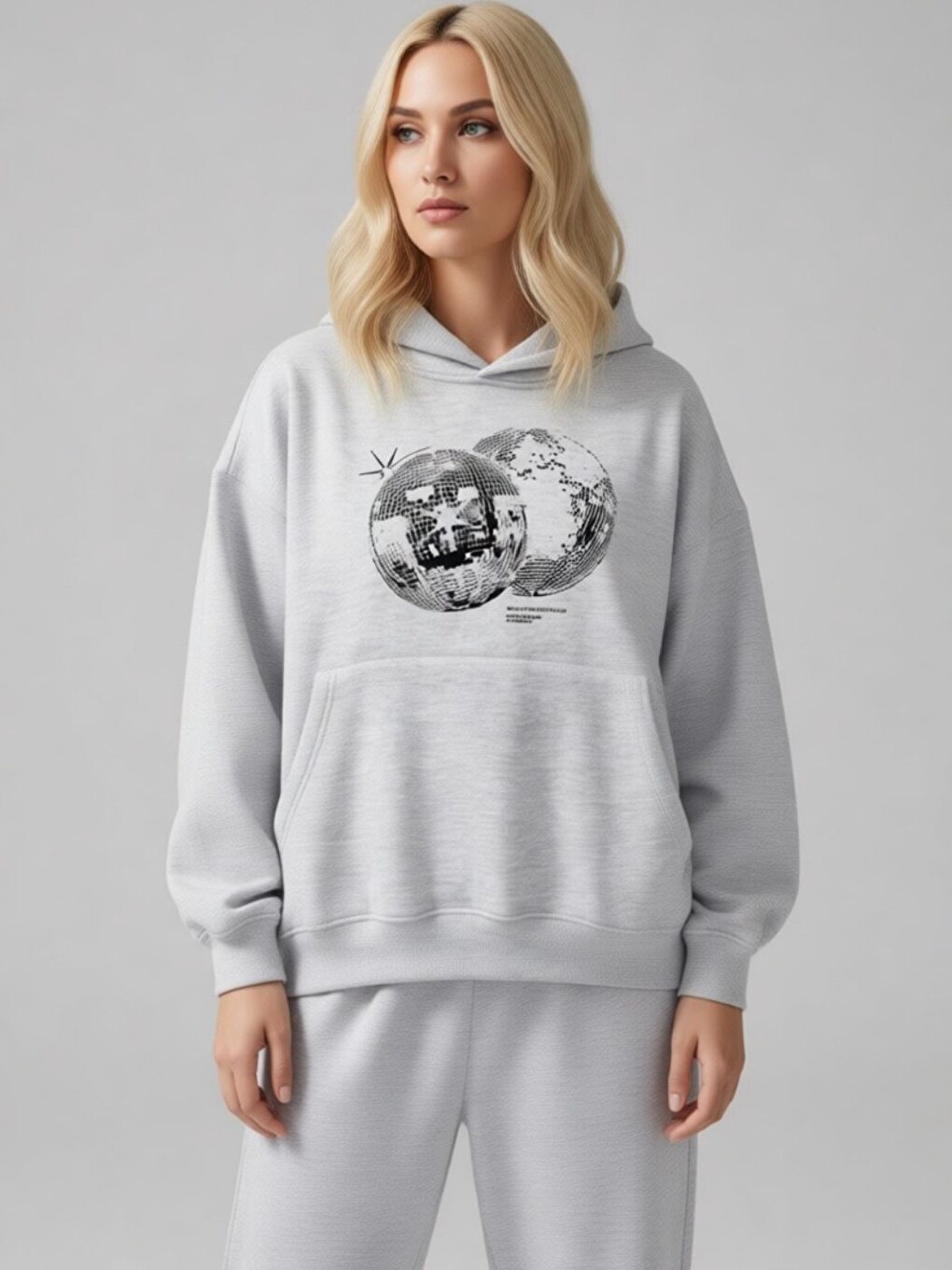 Unisex Double Ball Baskılı Kapüşonlu Sweatshirt Hoodie Gri