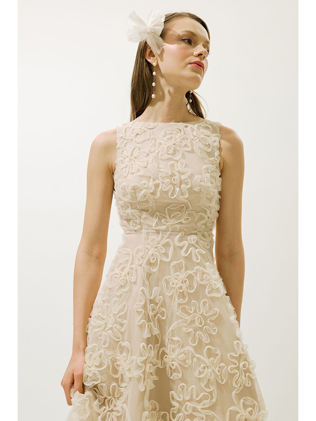 Karışık Kabarık Çiçekli Abiye Elbise İnci-4