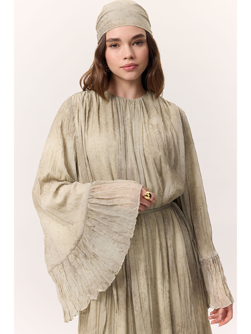 Pembe Desenli Crushlı Katlı Elbise Ruby-1