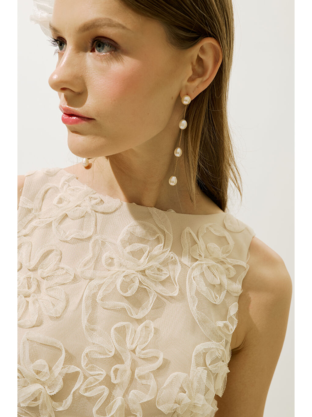 Karışık Kabarık Çiçekli Abiye Elbise İnci-5