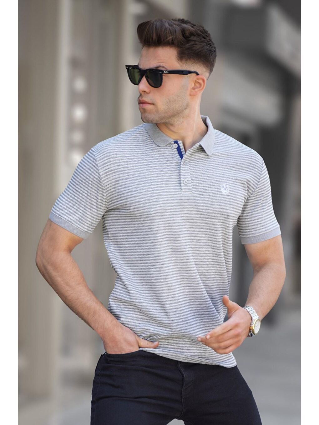 Boyalı Gri Çizgili Polo Yaka Tişört 5881