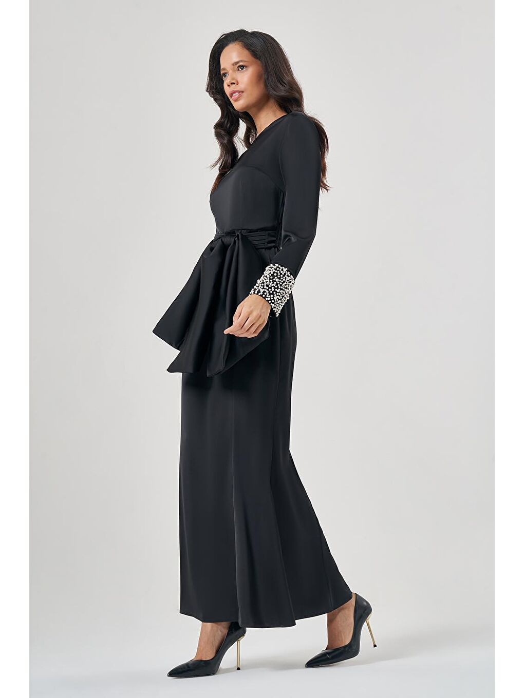 Kolları Taş İşlemeli Luxury Siyah Elbise-2