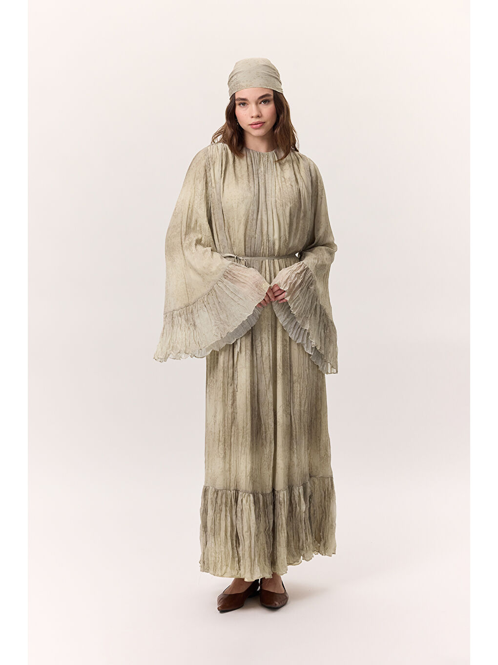 Pembe Desenli Crushlı Katlı Elbise Ruby-3