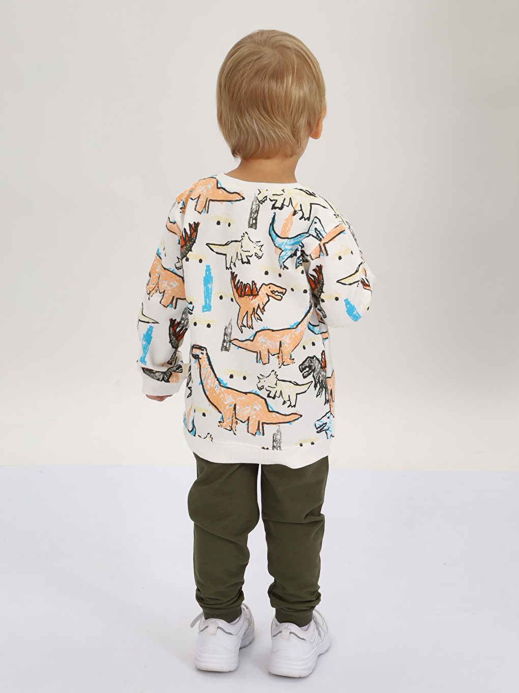 Ekru Bisiklet Yaka Baskılı Erkek Bebek Sweatshirt ve Eşofman Alt 2'li-1