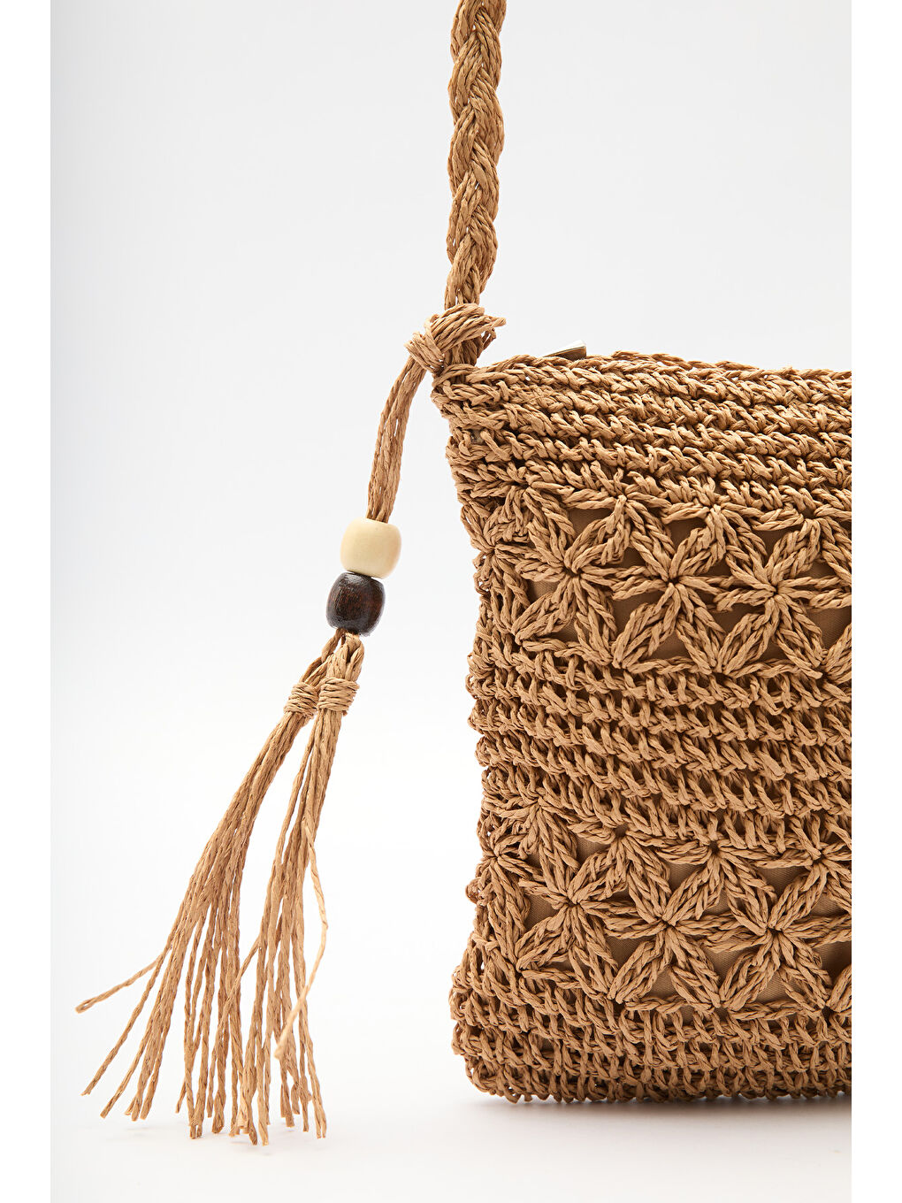 Bej Püskül Detaylı Mini Hasır Çanta Natural-5