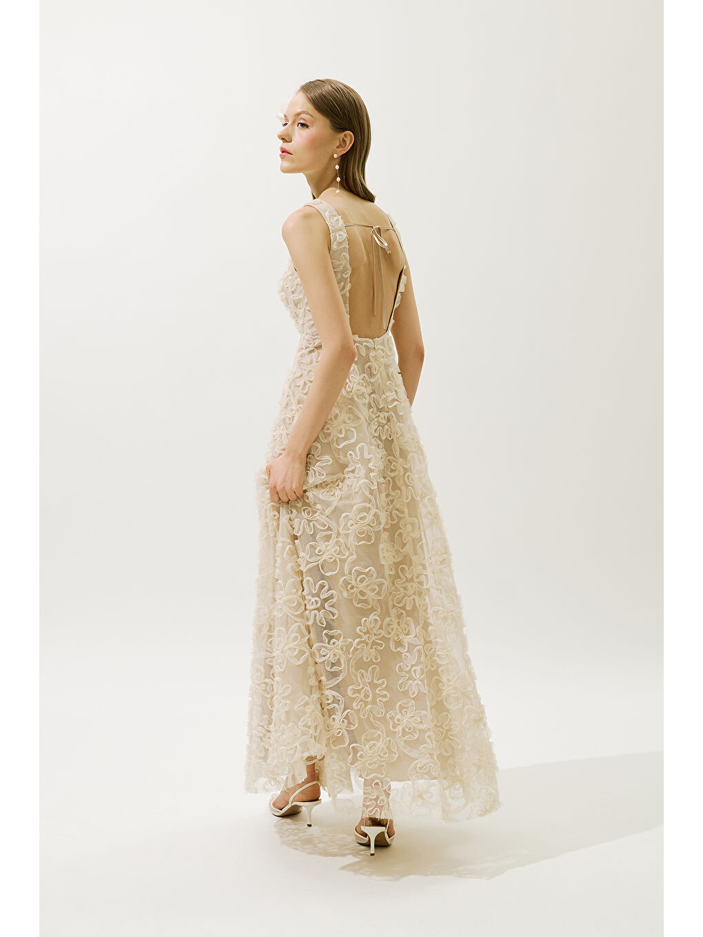 Karışık Kabarık Çiçekli Abiye Elbise İnci-6