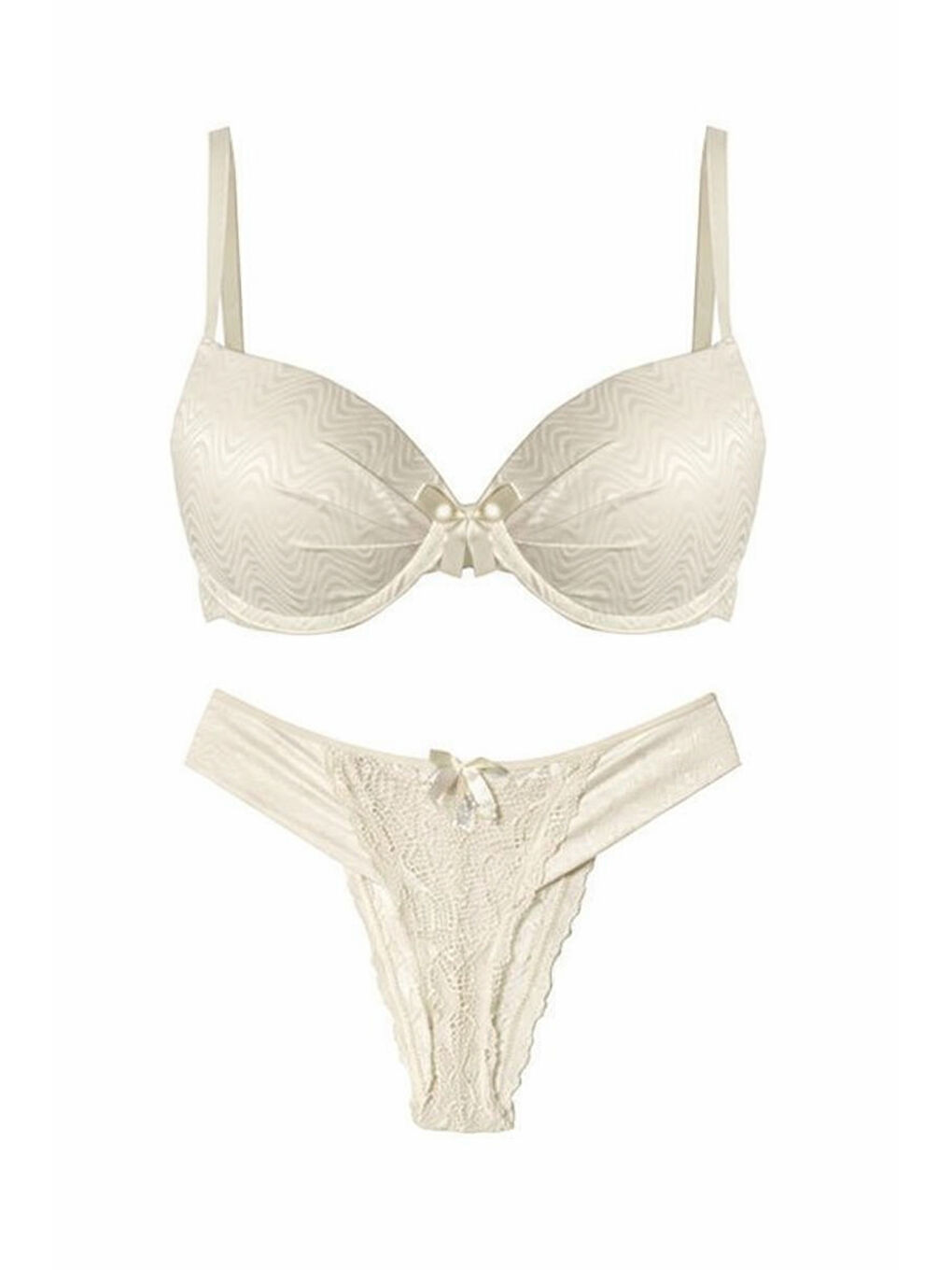 Ekru Krem Tül Detaylı Sütyen Külot Takım
