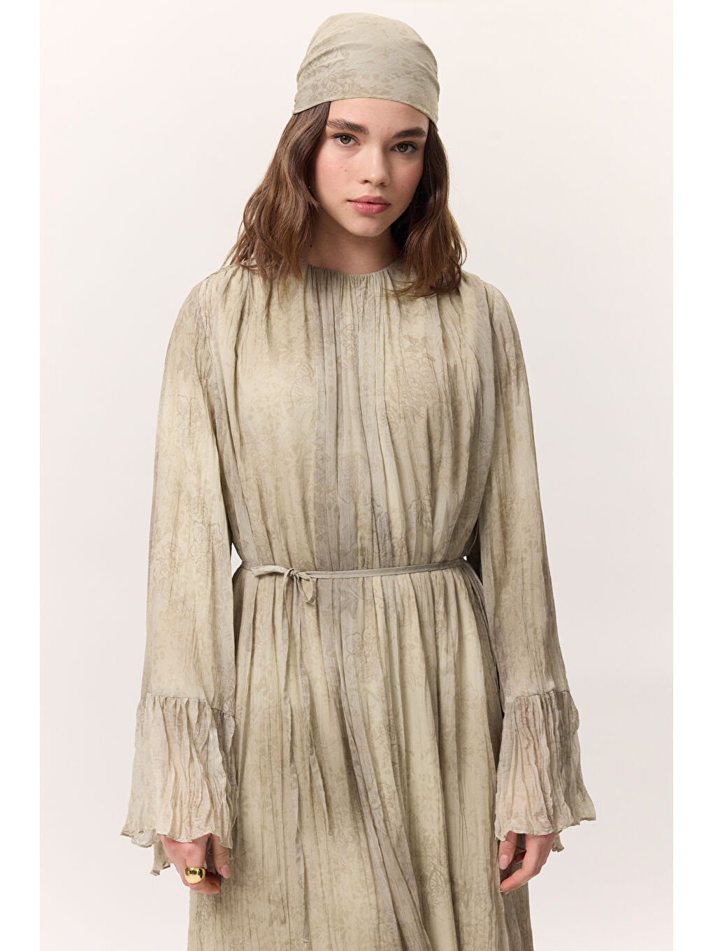 Pembe Desenli Crushlı Katlı Elbise Ruby-5