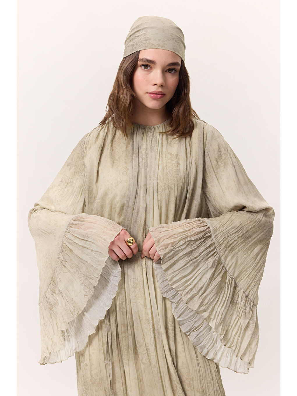 Pembe Desenli Crushlı Katlı Elbise Ruby-6