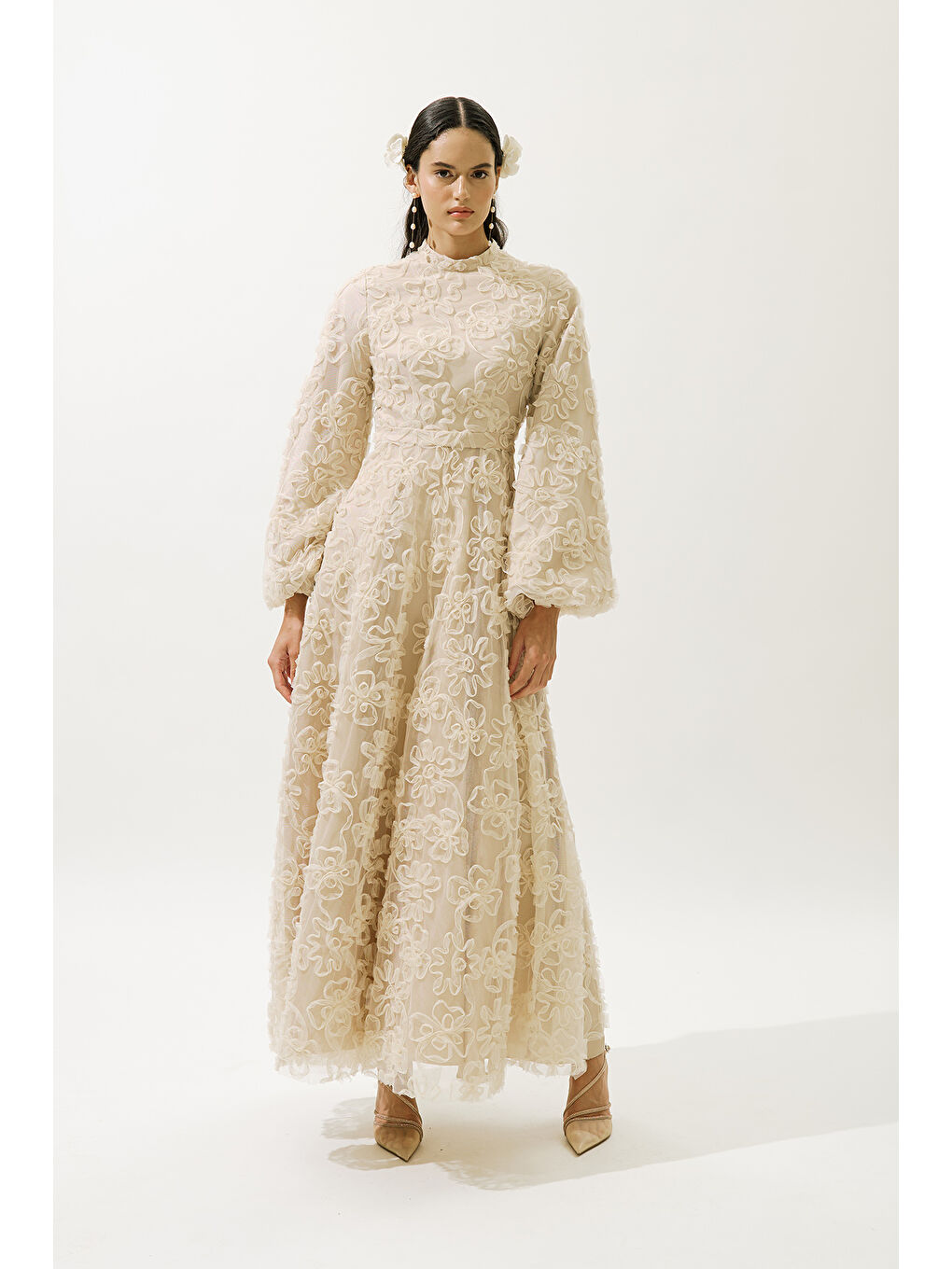 Karışık Kabarık Çiçekli Uzun Kol Abiye Elbise İnci-2