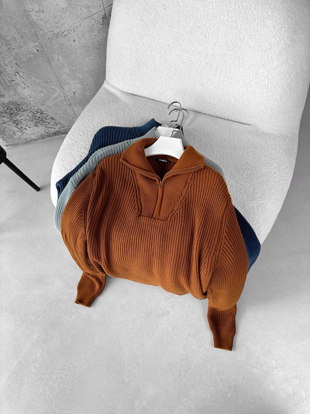 Erkek Yarım Fermuarlı Örme Kazak Kahverengi-1