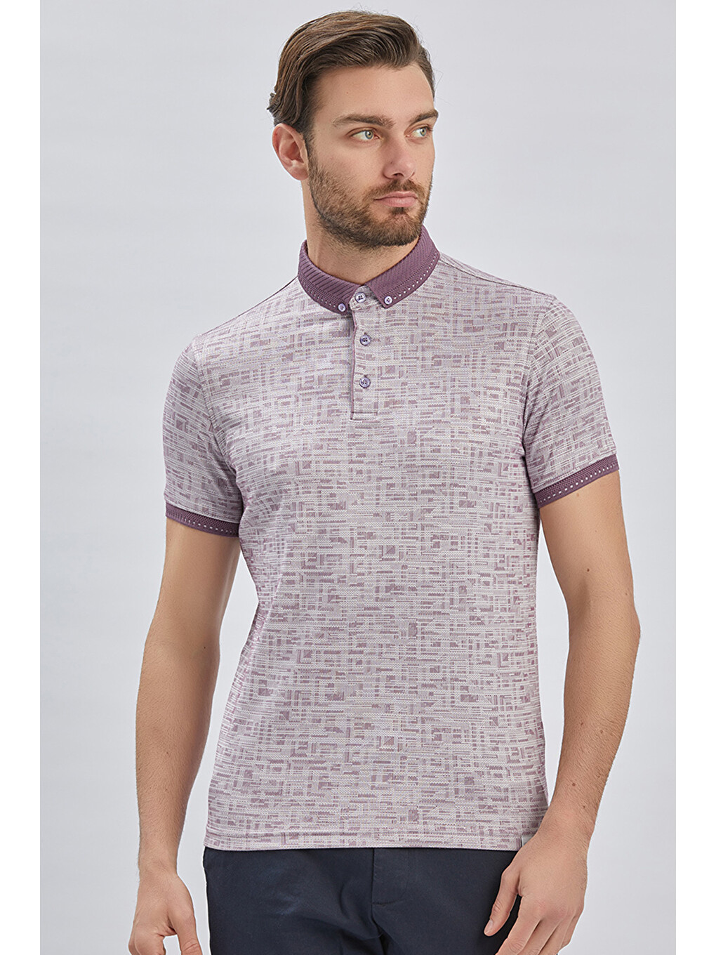 Lila Desenli Merserize Düğmeli Yaka Pamuklu Casual Slim Fit Dar Kesim Tişört 1011240160-1