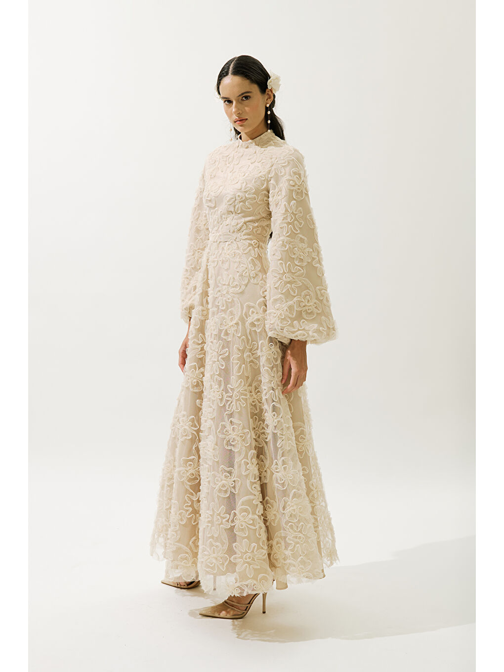 Karışık Kabarık Çiçekli Uzun Kol Abiye Elbise İnci-3