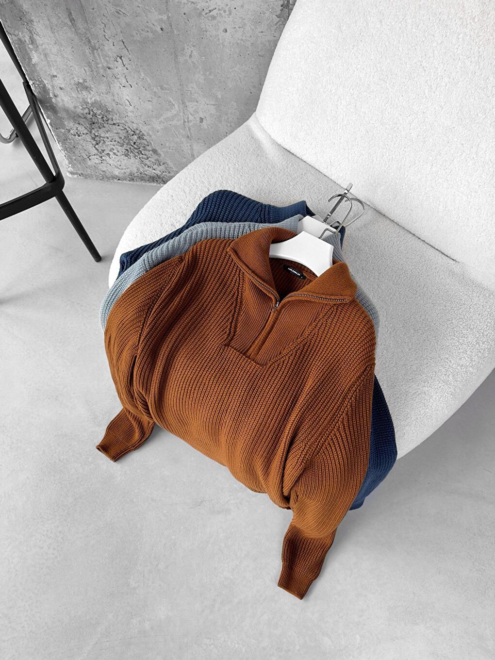 Erkek Yarım Fermuarlı Örme Kazak Kahverengi-2