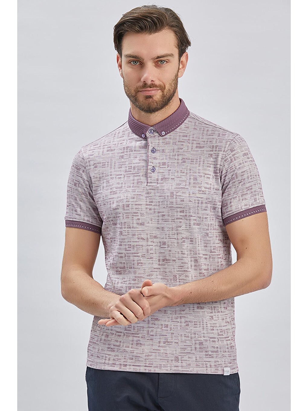 Lila Desenli Merserize Düğmeli Yaka Pamuklu Casual Slim Fit Dar Kesim Tişört 1011240160-2