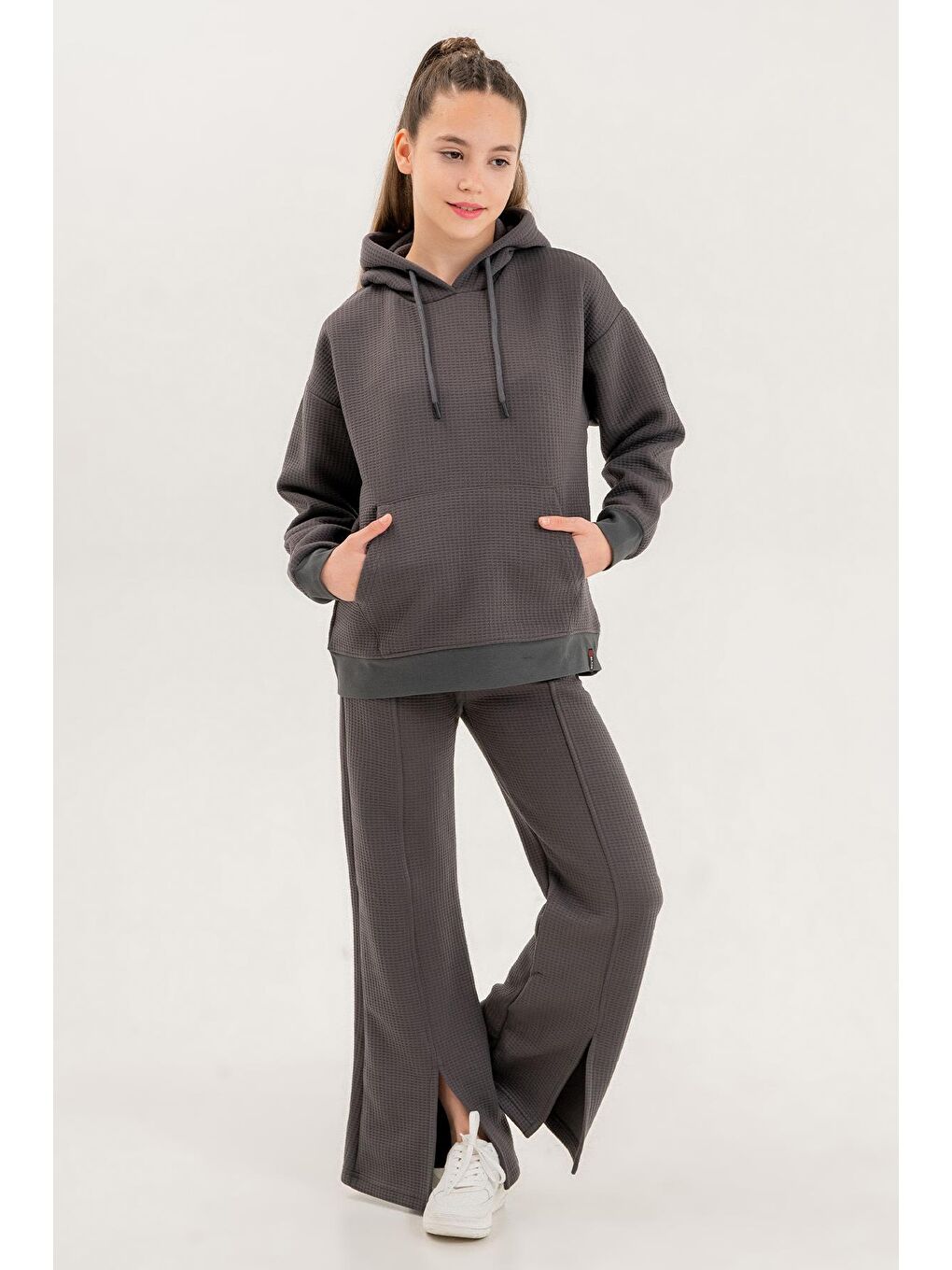 Pembe Kız Çocuk Kapüşonlu Yırtmaç Paça Detaylı Waffle Kumaş Eşofman Takımı-1