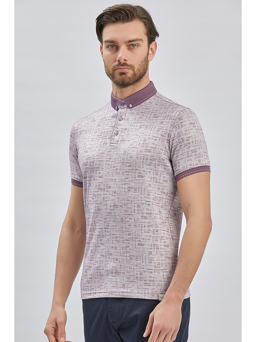 Lila Desenli Merserize Düğmeli Yaka Pamuklu Casual Slim Fit Dar Kesim Tişört 1011240160-3