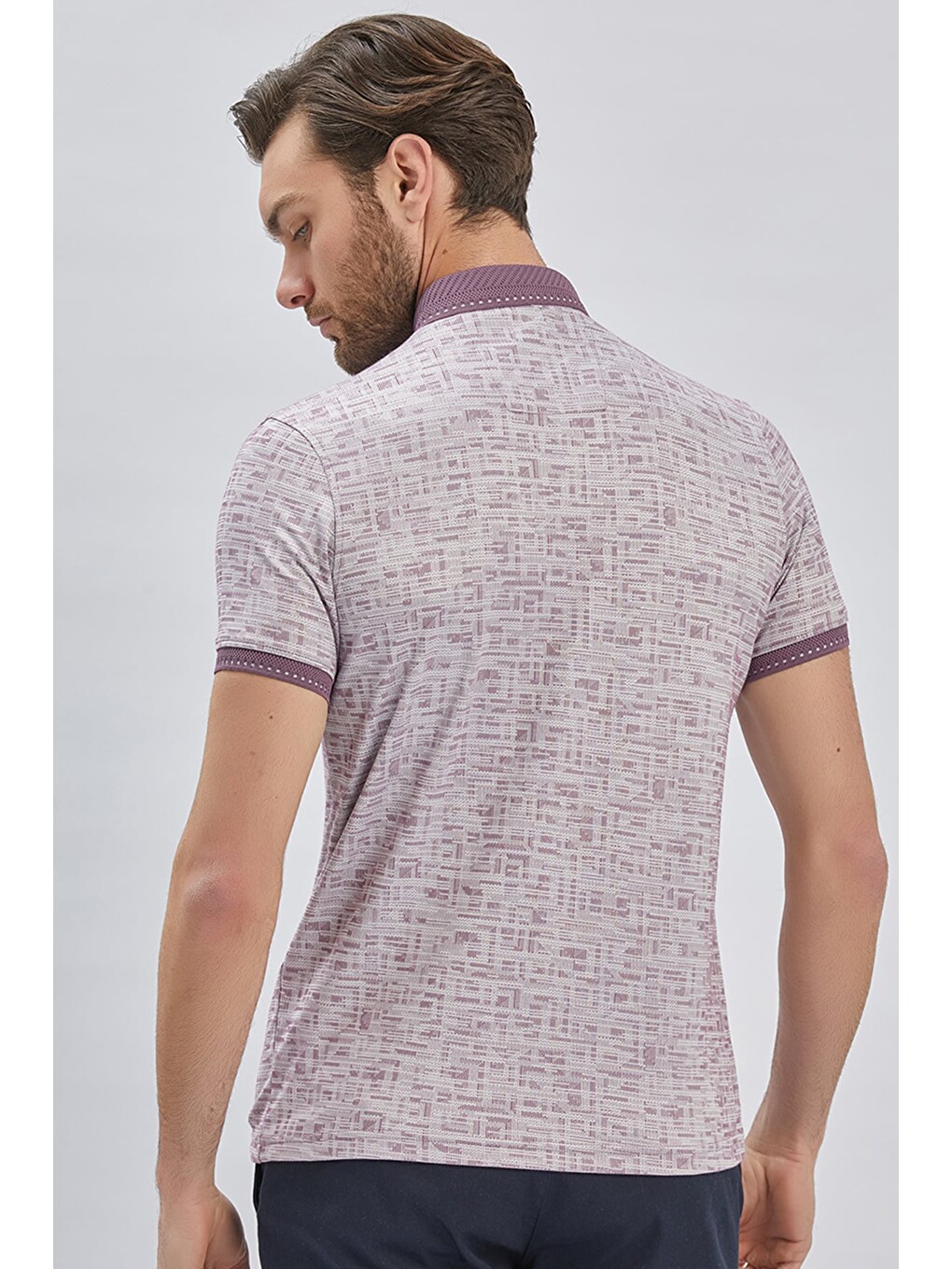 Lila Desenli Merserize Düğmeli Yaka Pamuklu Casual Slim Fit Dar Kesim Tişört 1011240160-4