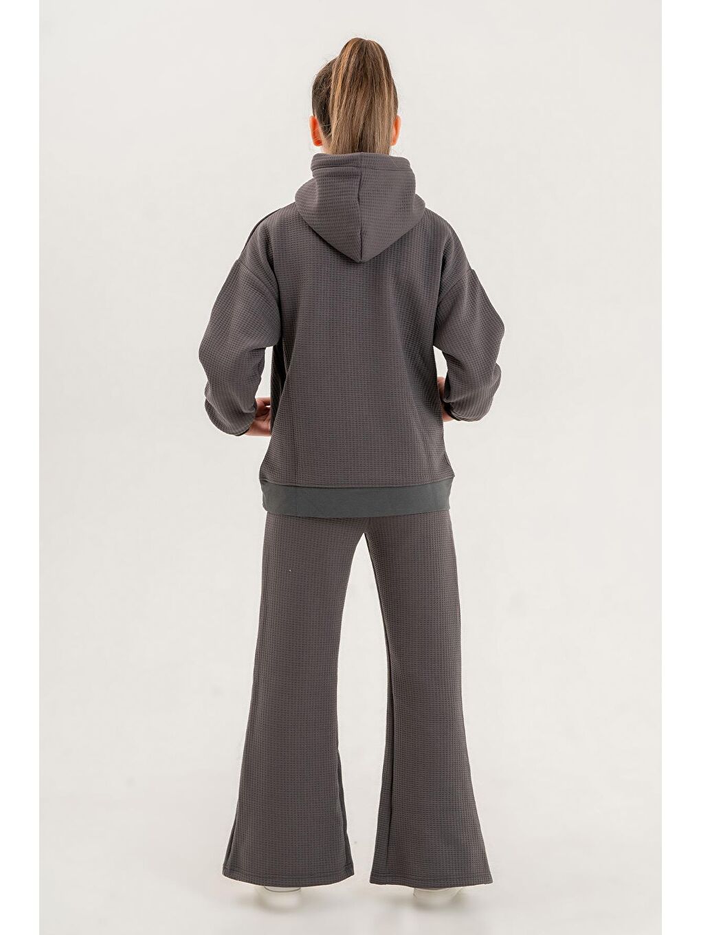 Pembe Kız Çocuk Kapüşonlu Yırtmaç Paça Detaylı Waffle Kumaş Eşofman Takımı-7