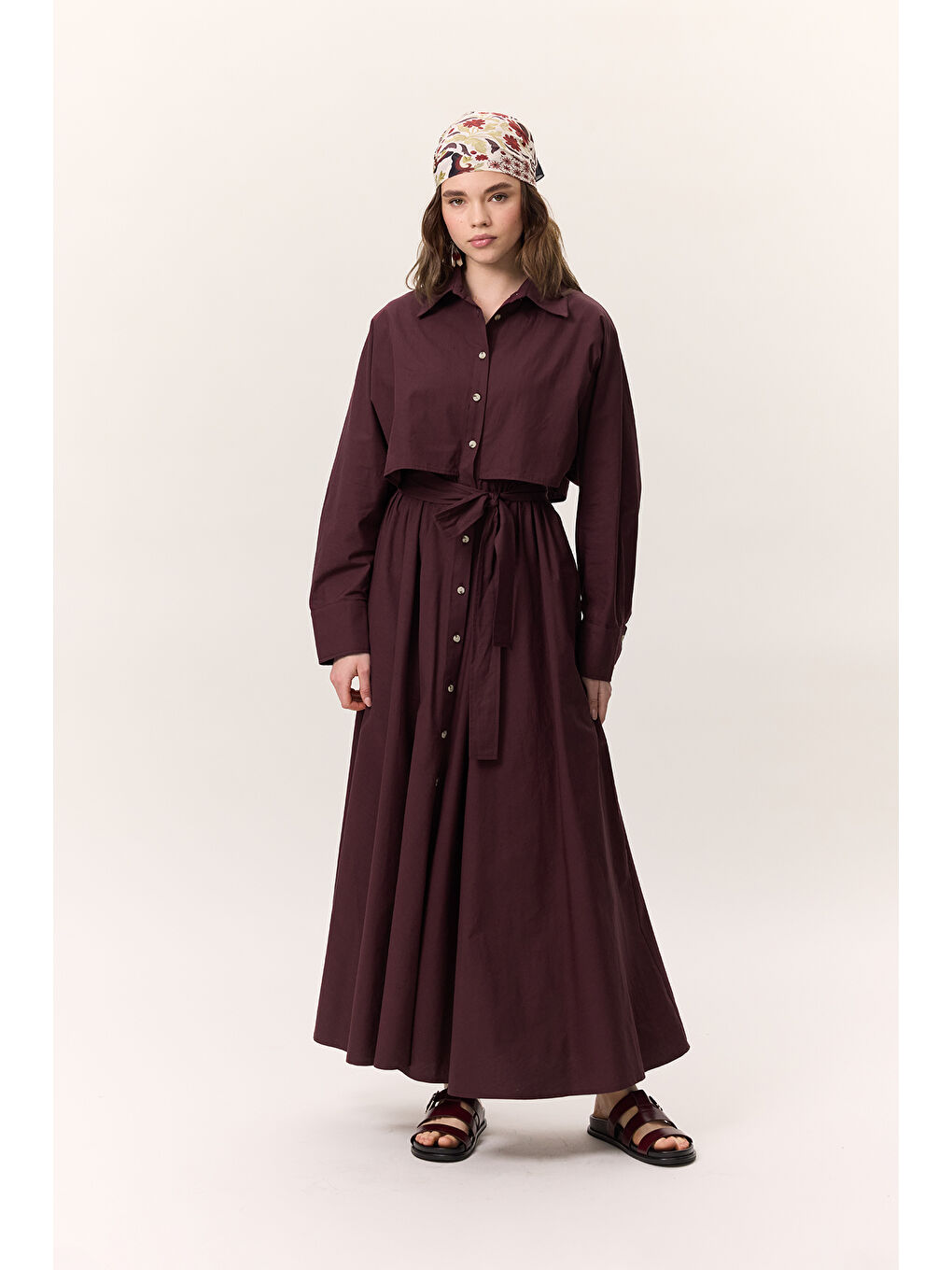Trenç Tarz Gömlek Elbise Bordo-2
