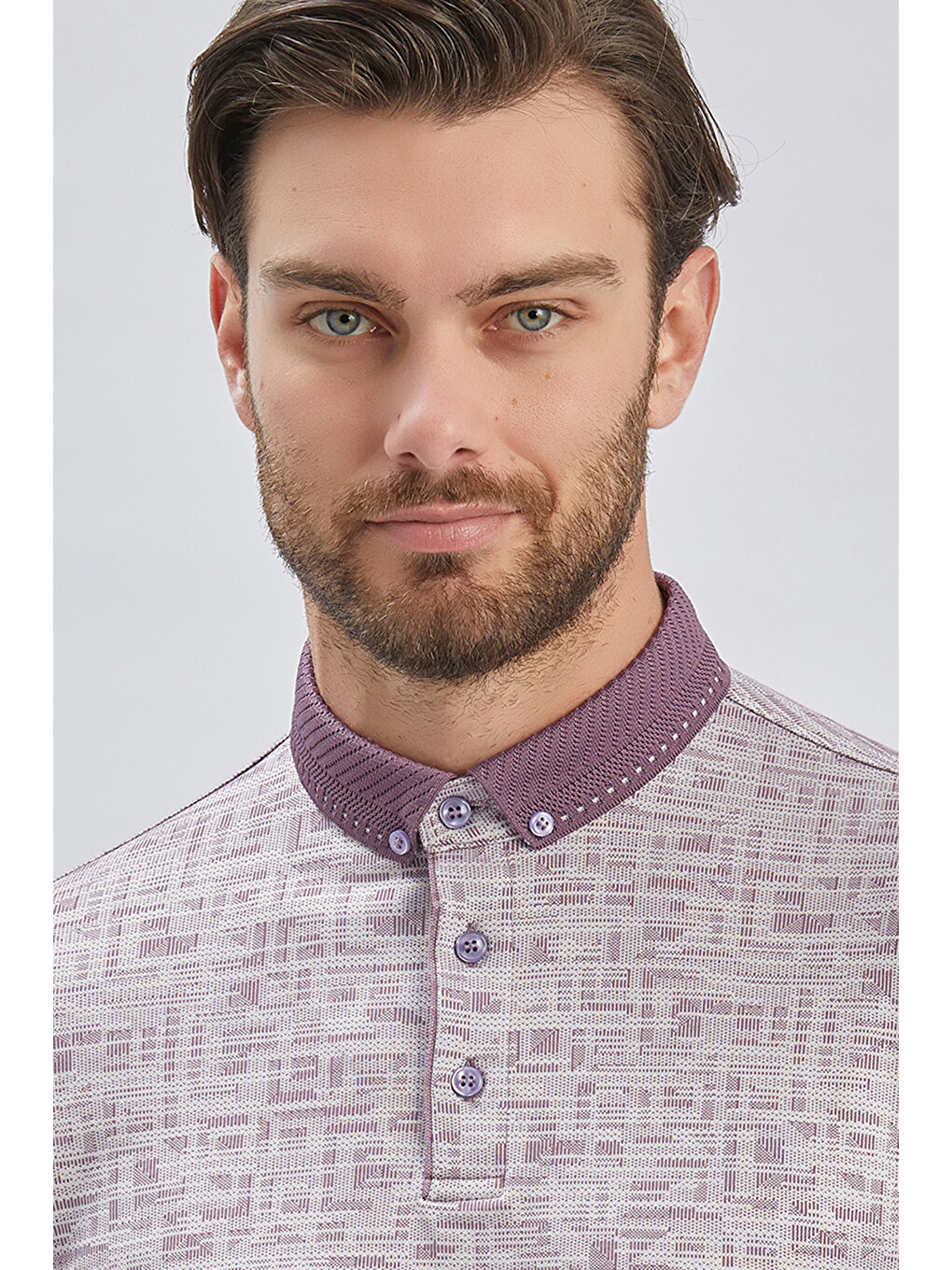 Lila Desenli Merserize Düğmeli Yaka Pamuklu Casual Slim Fit Dar Kesim Tişört 1011240160-5