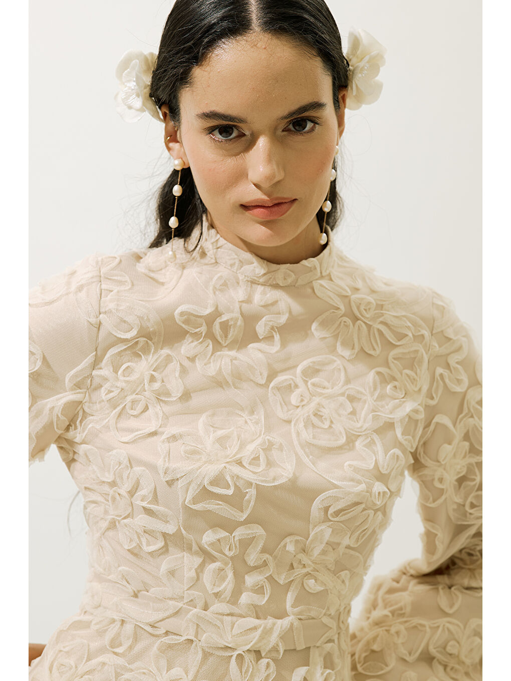 Karışık Kabarık Çiçekli Uzun Kol Abiye Elbise İnci-4