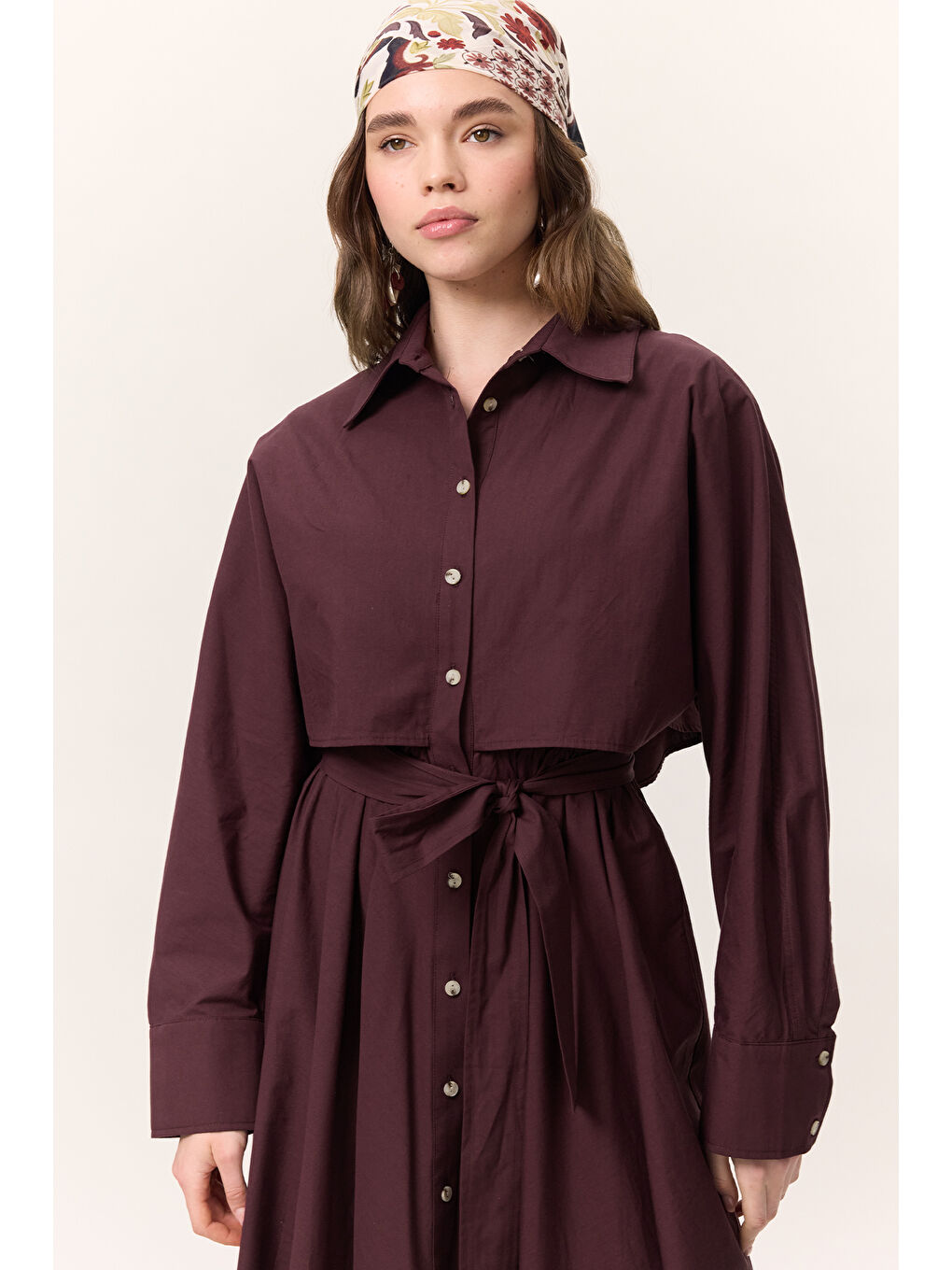 Trenç Tarz Gömlek Elbise Bordo-3