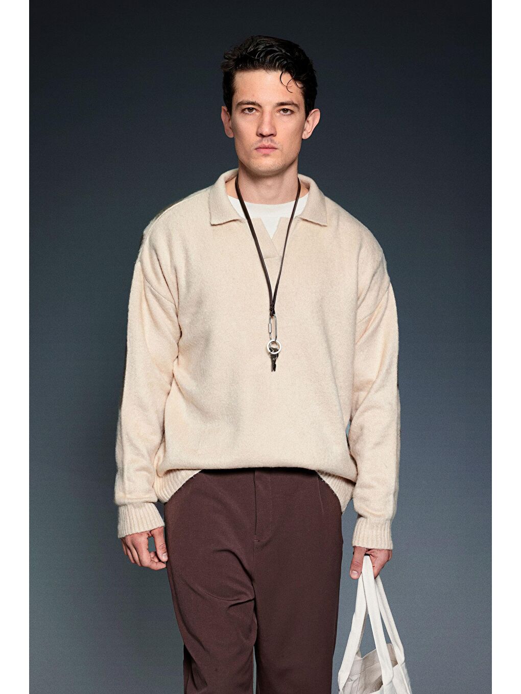 Bej Erkek Polo Yaka Yumuşak Dokulu Oversize Kazak Taş