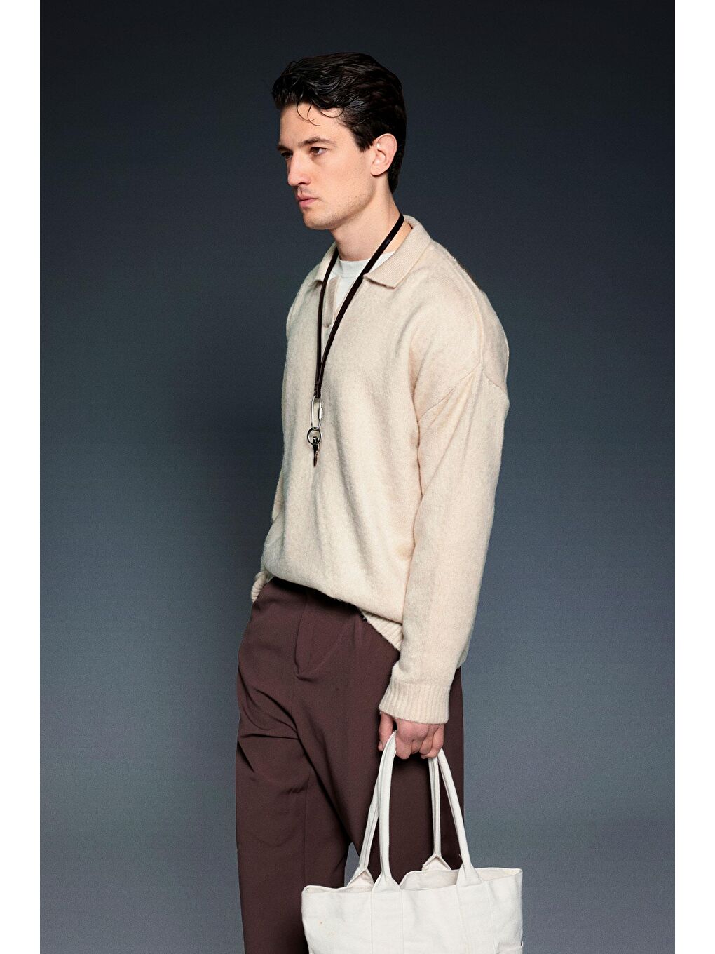 Bej Erkek Polo Yaka Yumuşak Dokulu Oversize Kazak Taş-1