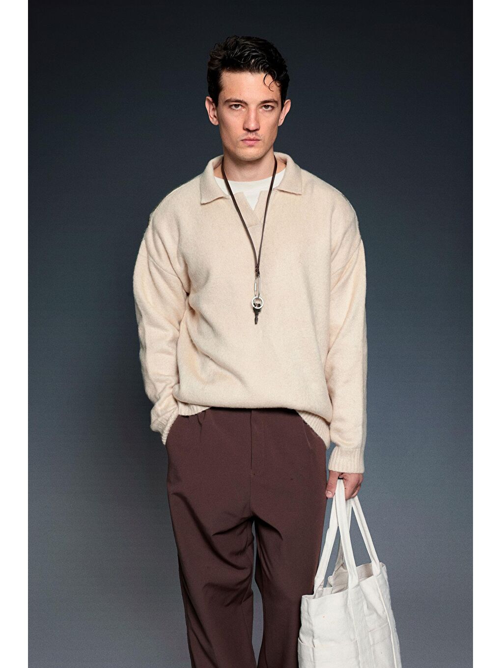 Bej Erkek Polo Yaka Yumuşak Dokulu Oversize Kazak Taş-2