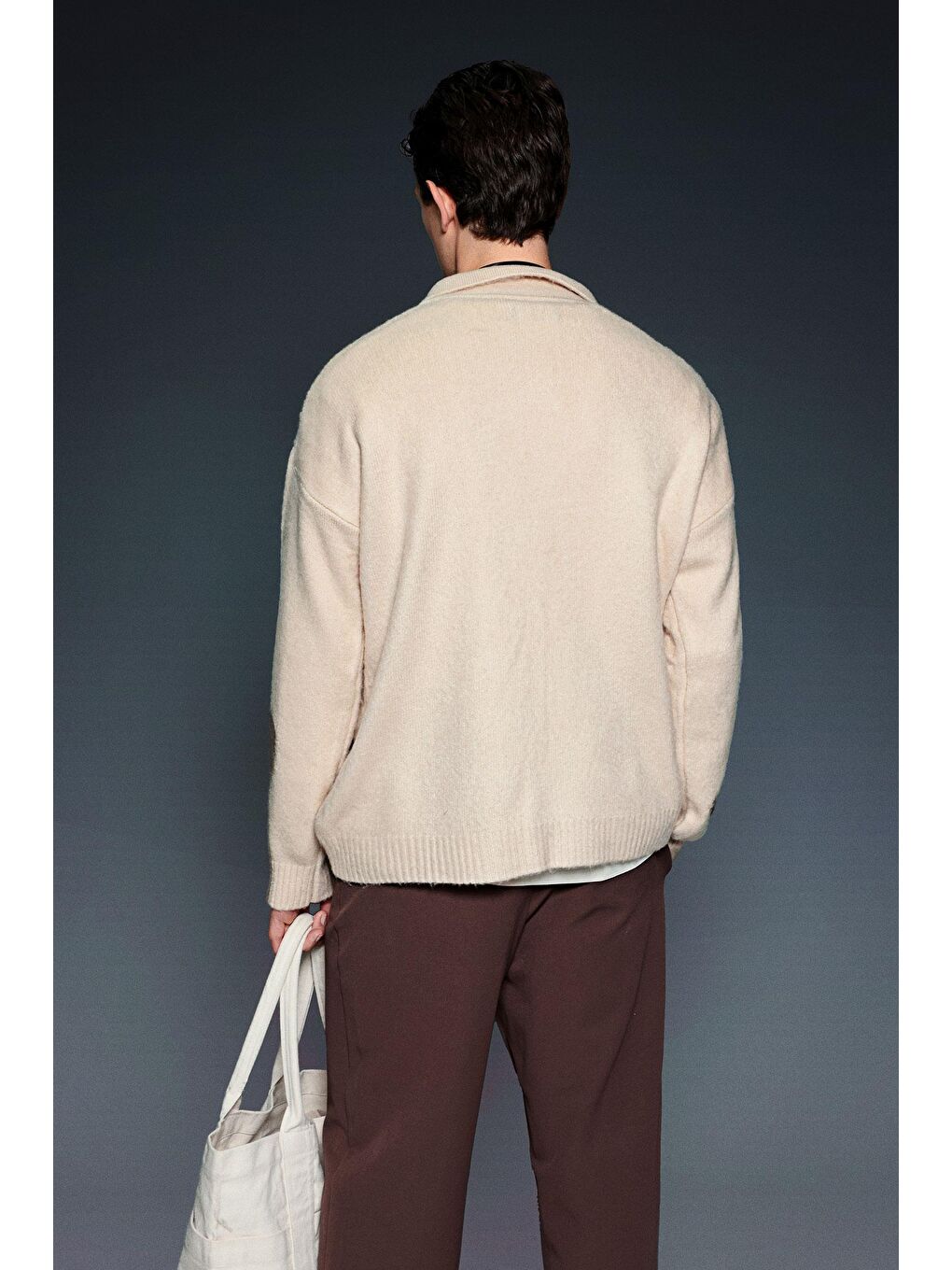 Bej Erkek Polo Yaka Yumuşak Dokulu Oversize Kazak Taş-3