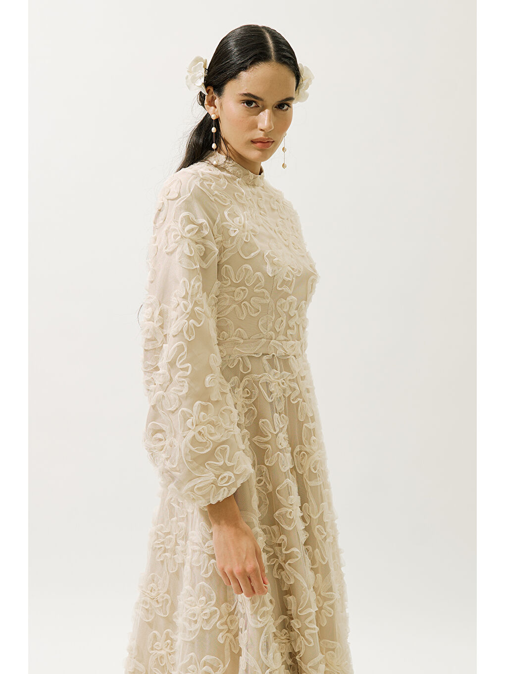 Karışık Kabarık Çiçekli Uzun Kol Abiye Elbise İnci-5