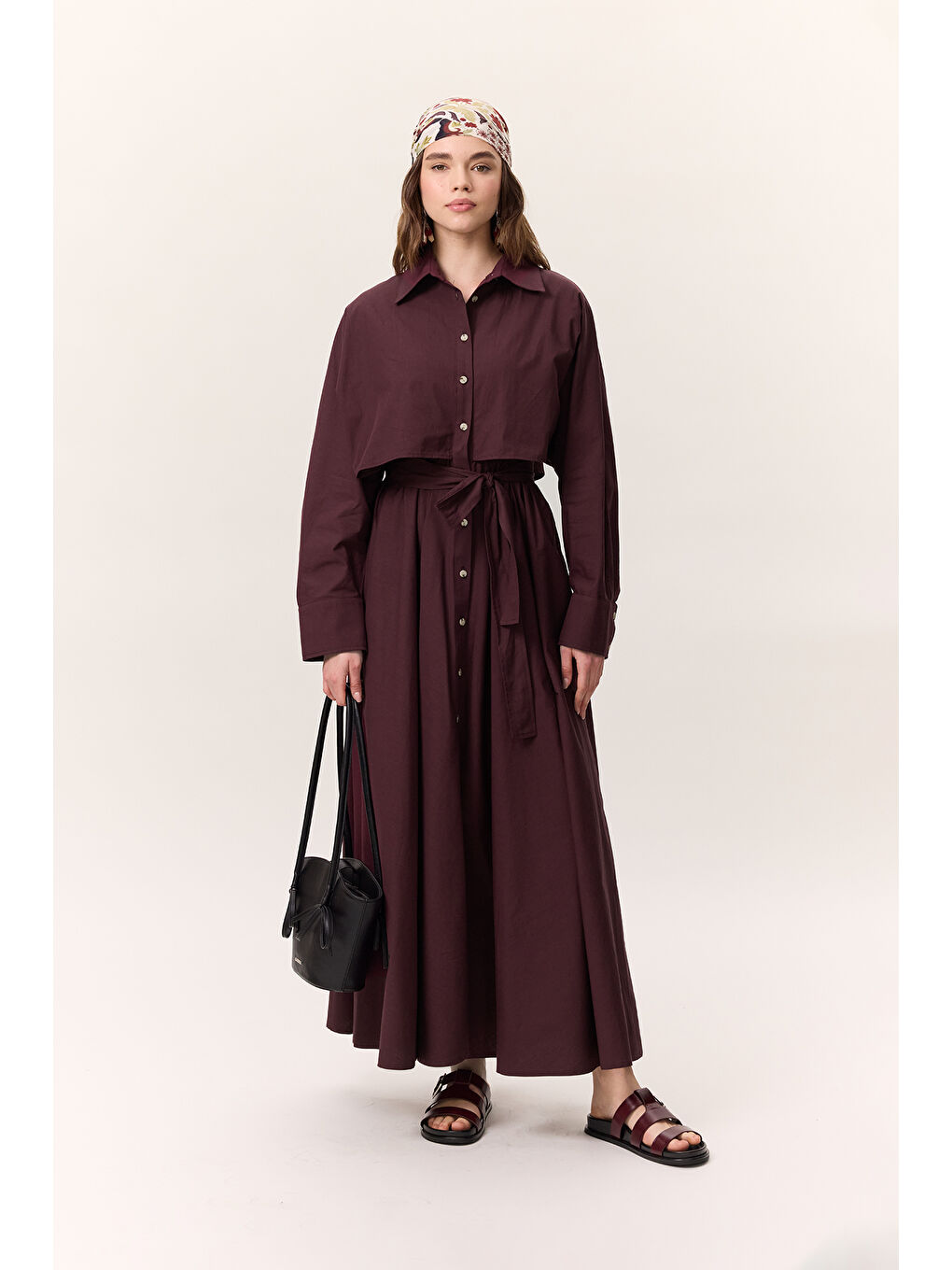 Trenç Tarz Gömlek Elbise Bordo-4