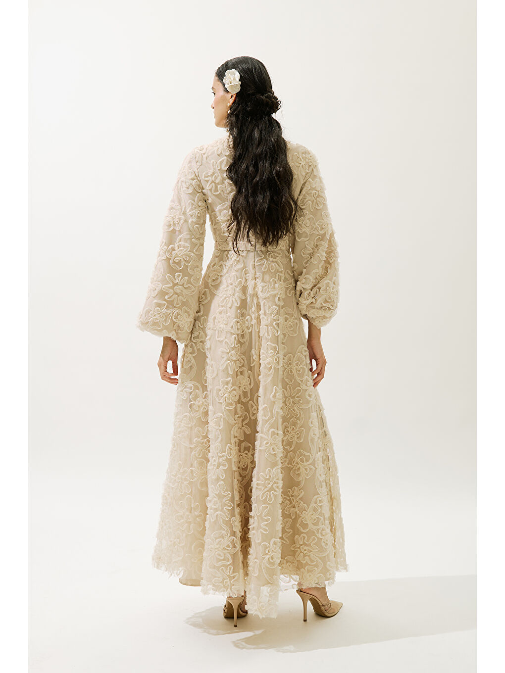 Karışık Kabarık Çiçekli Uzun Kol Abiye Elbise İnci-6